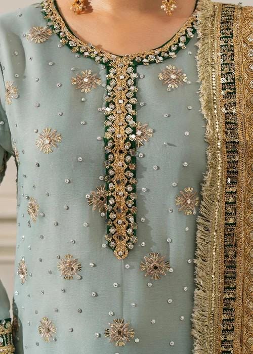 3 Piece Golden Embroidered Chiffon & Raw Silk Suit - Pastel Blue