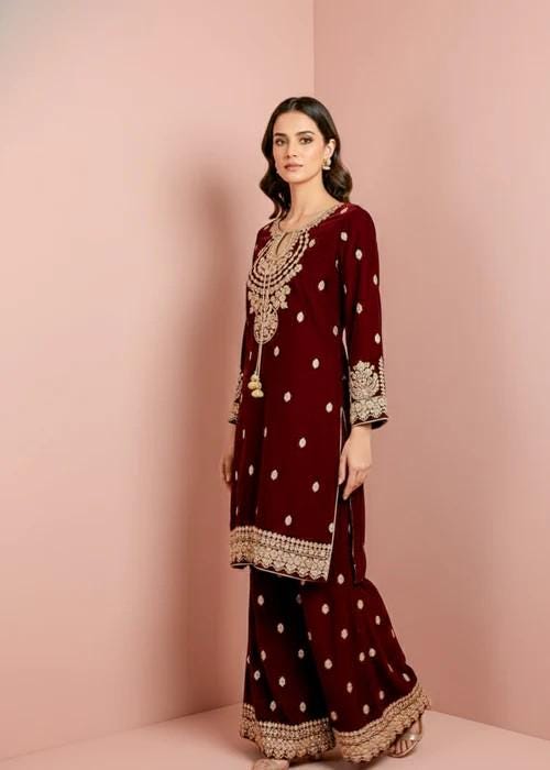 Embroidered Maroon Velvet Suit with Palazzo Pants - 2 Piece
