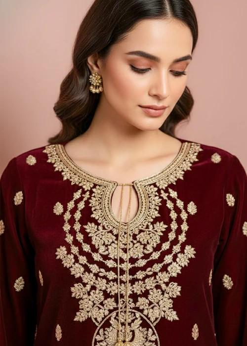 Embroidered Maroon Velvet Suit with Palazzo Pants - 2 Piece