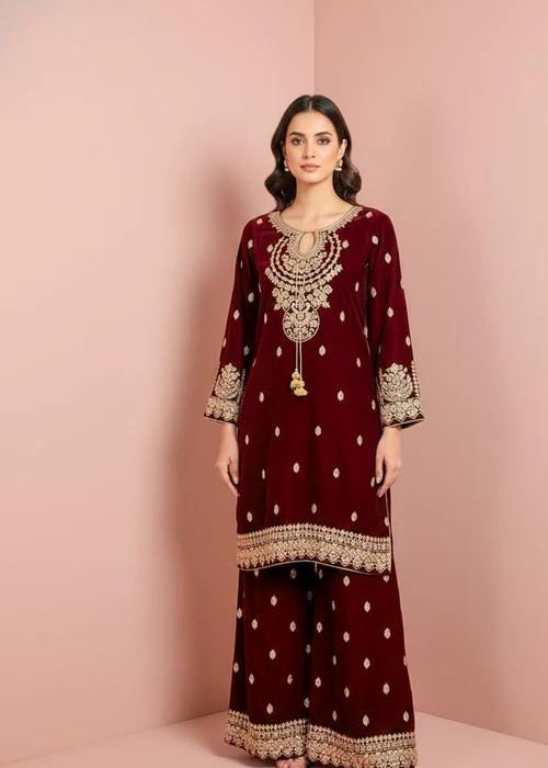 Embroidered Maroon Velvet Suit with Palazzo Pants - 2 Piece