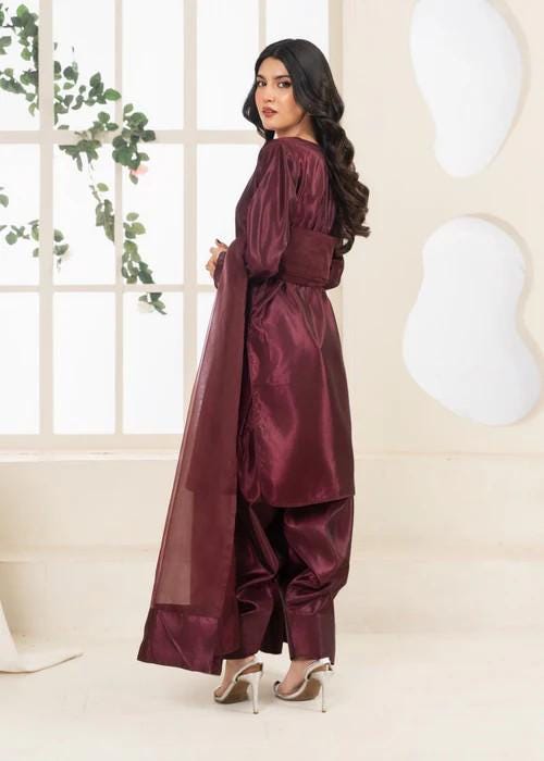 Kattan Silk Farshi Shalwar Suit - Wine Color - 3 Piece