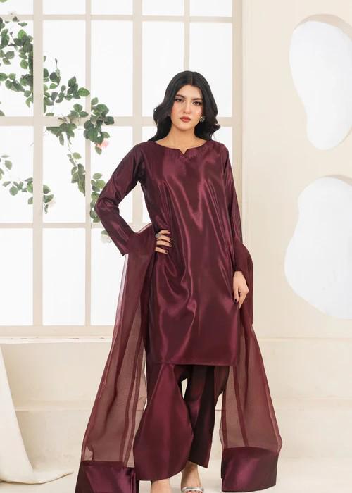 Kattan Silk Farshi Shalwar Suit - Wine Color - 3 Piece