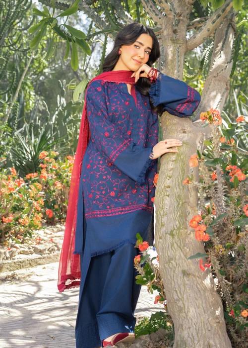 3 piece - Embroidered Linen Farshi Shalwar Suit - Navy Blue