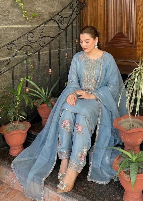 Embroidered Silk Farshi Shalwar Suit with Organza Dupatta - 3 Piece