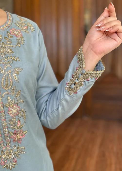 Embroidered Silk Farshi Shalwar Suit with Organza Dupatta - 3 Piece