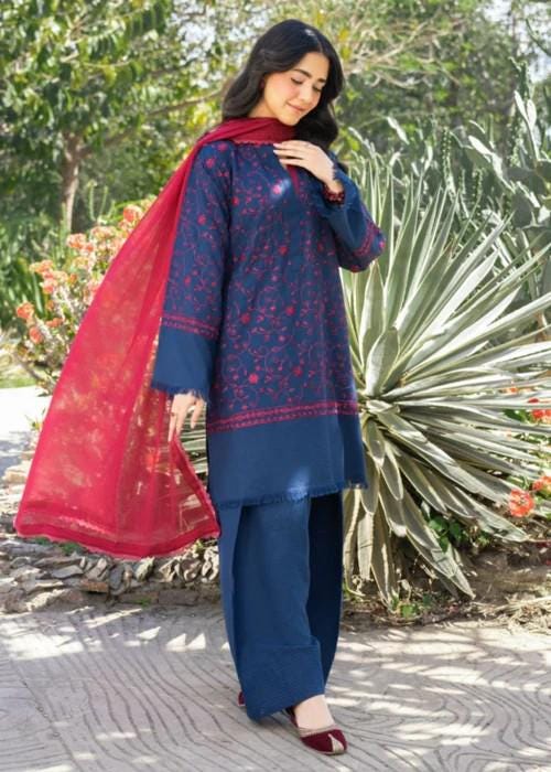 3 piece - Embroidered Linen Farshi Shalwar Suit - Navy Blue