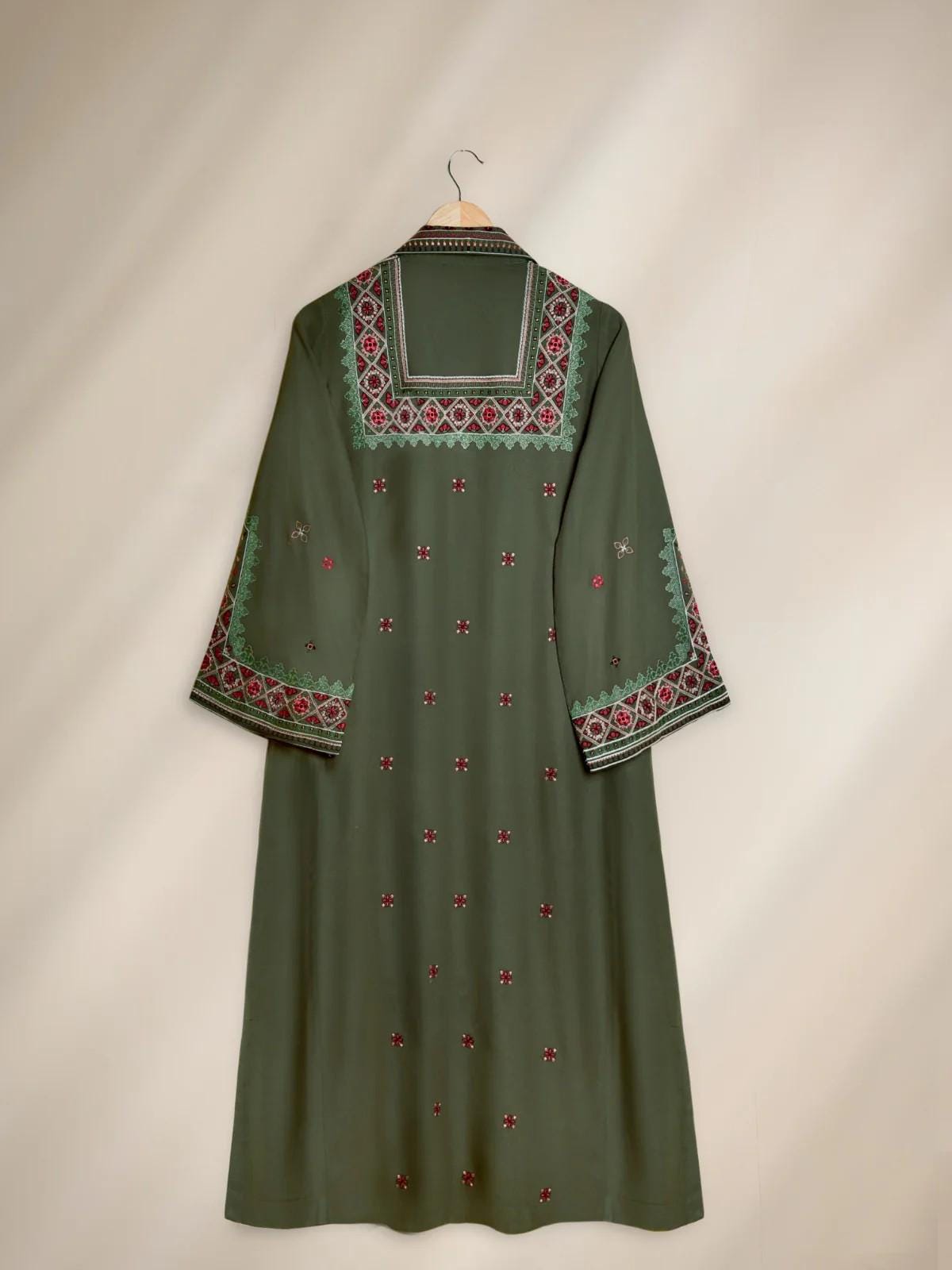 Agha Noor Embroidered Long Shirt / Maxi Dress - Olive Green