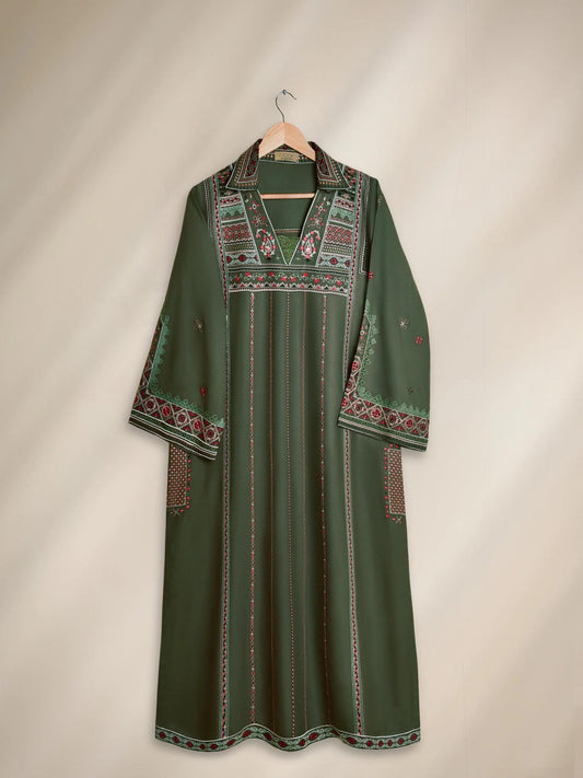 Agha Noor Embroidered Long Shirt / Maxi Dress - Olive Green