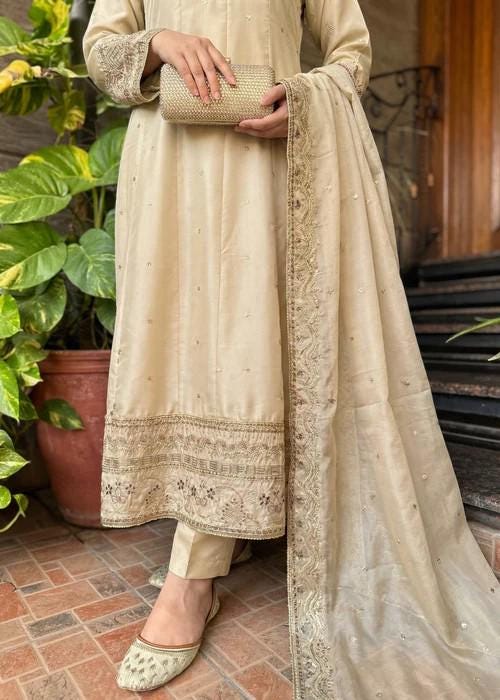 3 Piece Embroidered Silk Maxi Dress - Off White