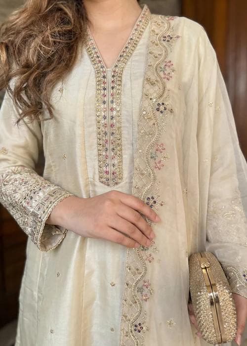 3 Piece Embroidered Silk Maxi Dress - Off White