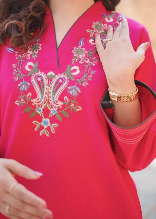 2 piece - Embroidered Linen Short Kurta Farshi Shalwar Suit - Hot Pink