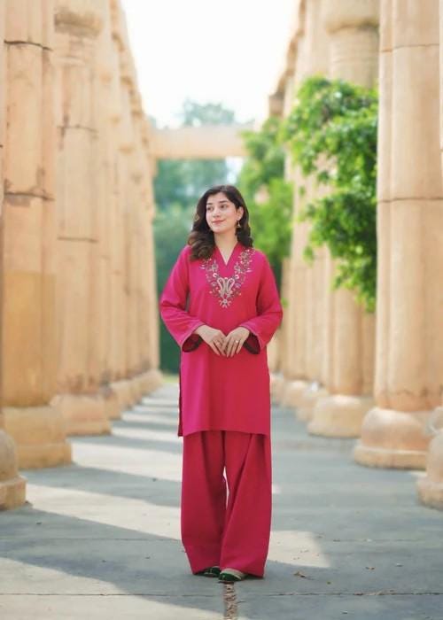 2 piece - Embroidered Linen Short Kurta Farshi Shalwar Suit - Hot Pink