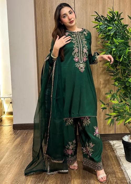Embroidered Silk Farshi Shalwar Suit with Organza Dupatta - 3 Piece - Bottle Green