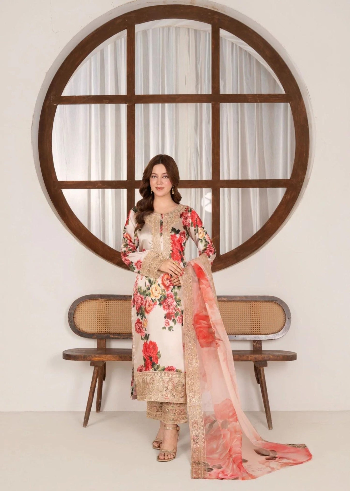 Embroidered Charmeuse Silk Suit - Organza Dupatta - Red Roses on Beige