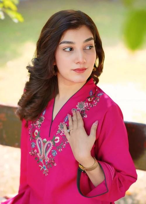 2 piece - Embroidered Linen Short Kurta Farshi Shalwar Suit - Hot Pink