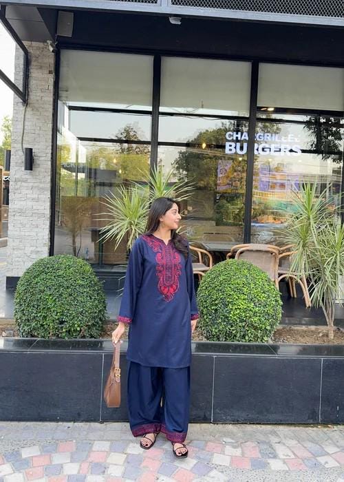 2 piece - Embroidered Linen Farshi Shalwar Suit - Navy Blue