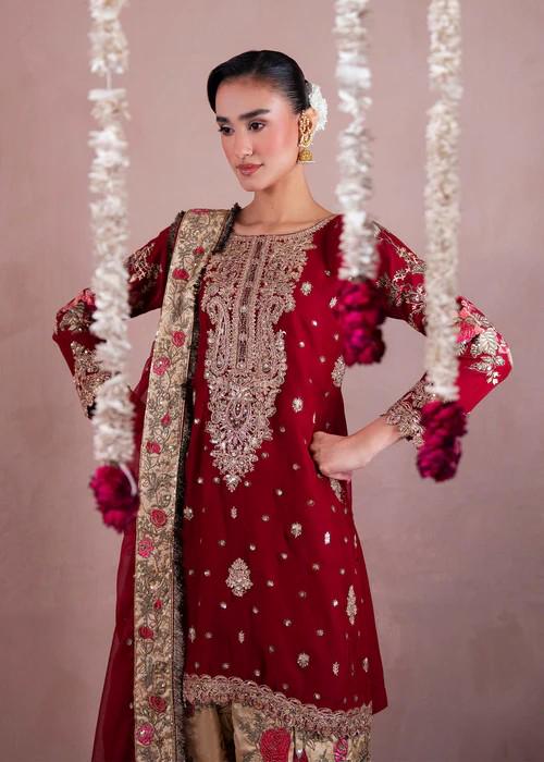 3 Piece Embroidered Charmeuse Silk Suit - Maroon and Gold - Antique Gold Tilla Work