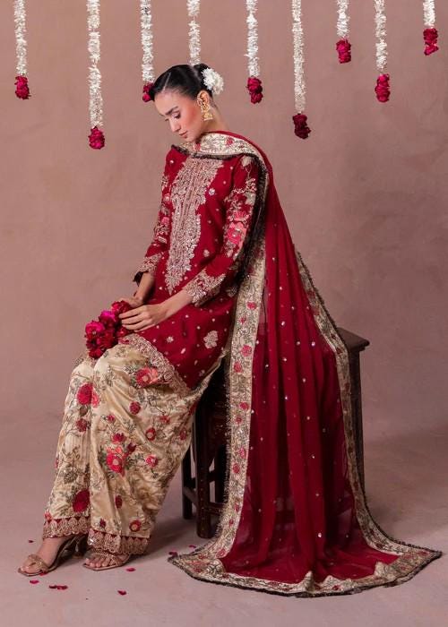 3 Piece Embroidered Charmeuse Silk Suit - Maroon and Gold - Antique Gold Tilla Work
