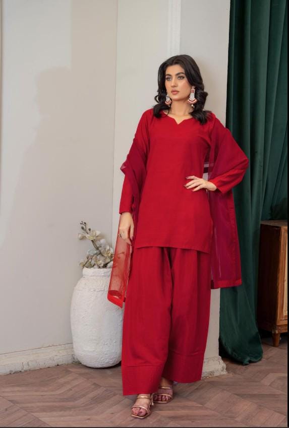 Linen Short Kurta Farshi Shalwar - 3 Piece Shalwar Kameez Size XL - Chest 46"