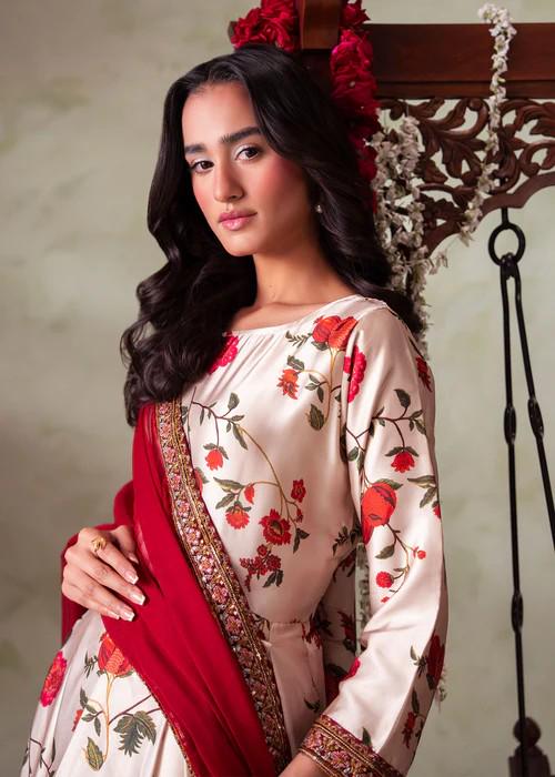 3 Piece Embroidered Charmeuse Silk Maxi Suit