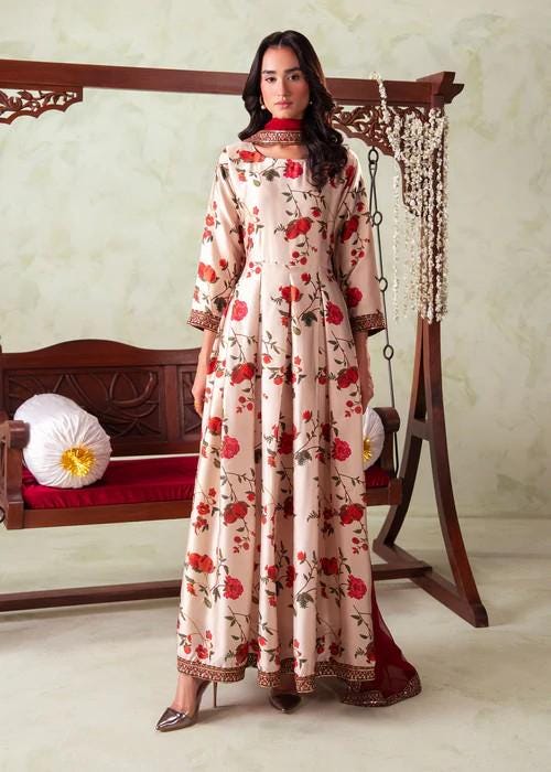 3 Piece Embroidered Charmeuse Silk Maxi Suit