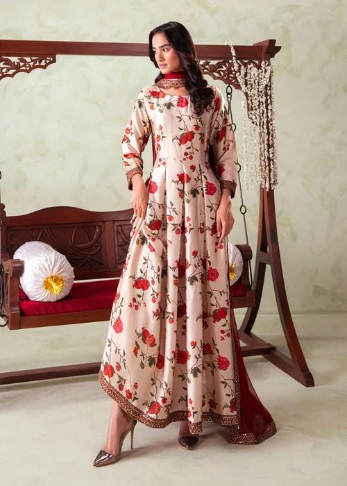 3 Piece Embroidered Charmeuse Silk Maxi Suit