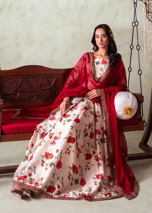 3 Piece Embroidered Charmeuse Silk Maxi Suit