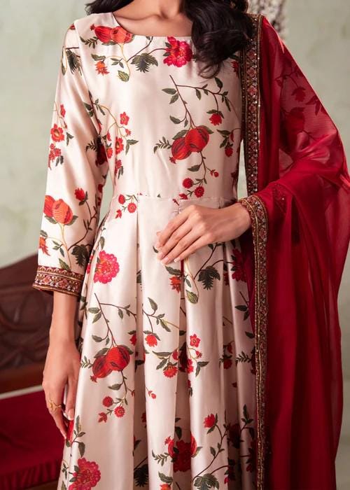3 Piece Embroidered Charmeuse Silk Maxi Suit