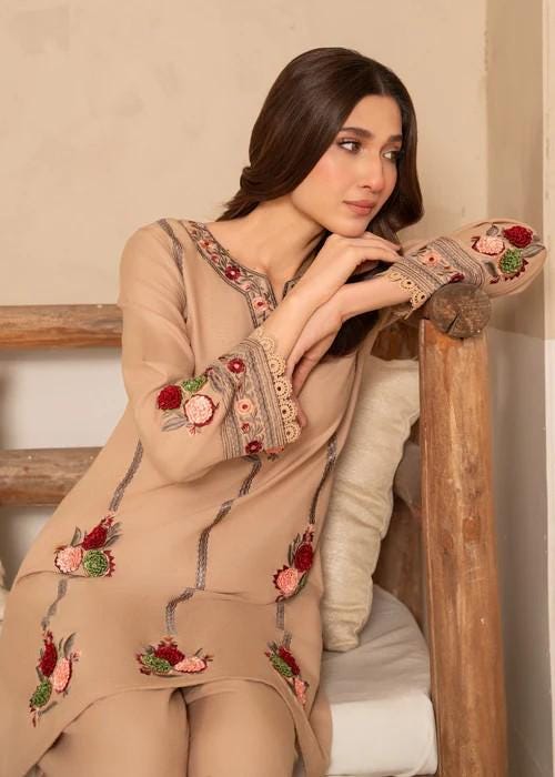 2 Piece Embroidered Linen Shalwar Suit - Beige