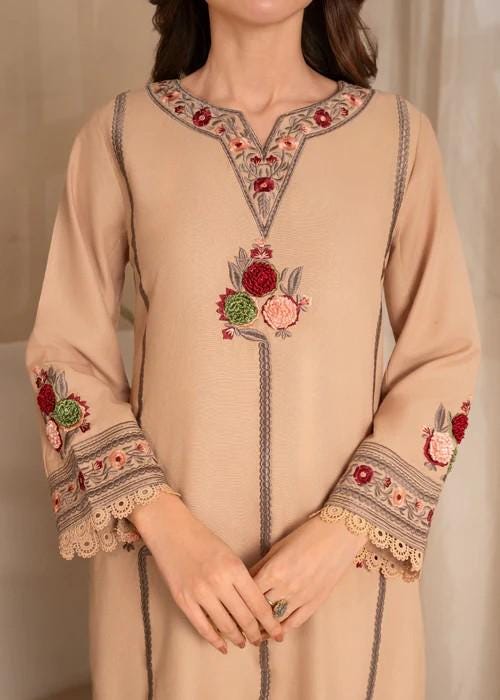 2 Piece Embroidered Linen Shalwar Suit - Beige
