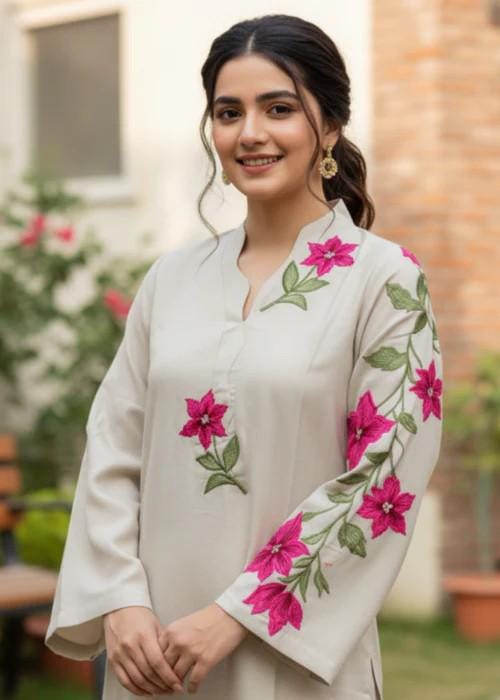 2 Piece Embroidered Linen Suit - Ivory