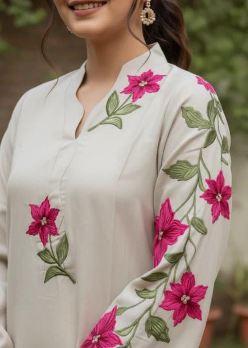 2 Piece Embroidered Linen Suit - Ivory