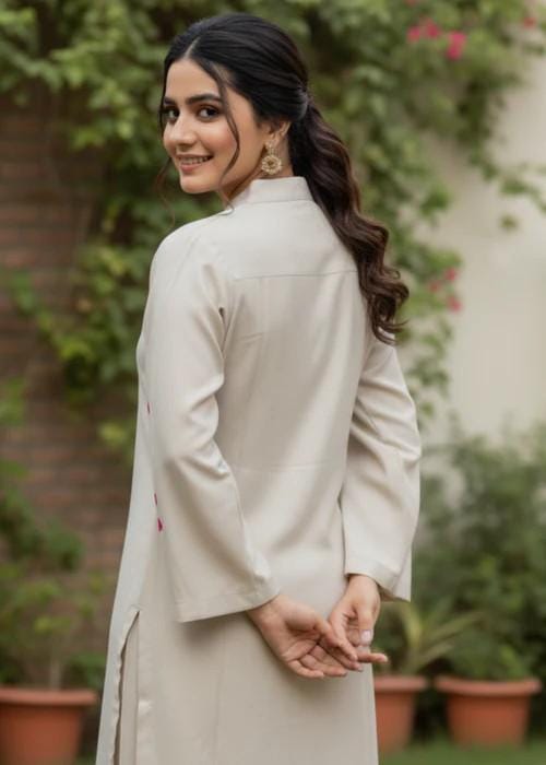 2 Piece Embroidered Linen Suit - Ivory