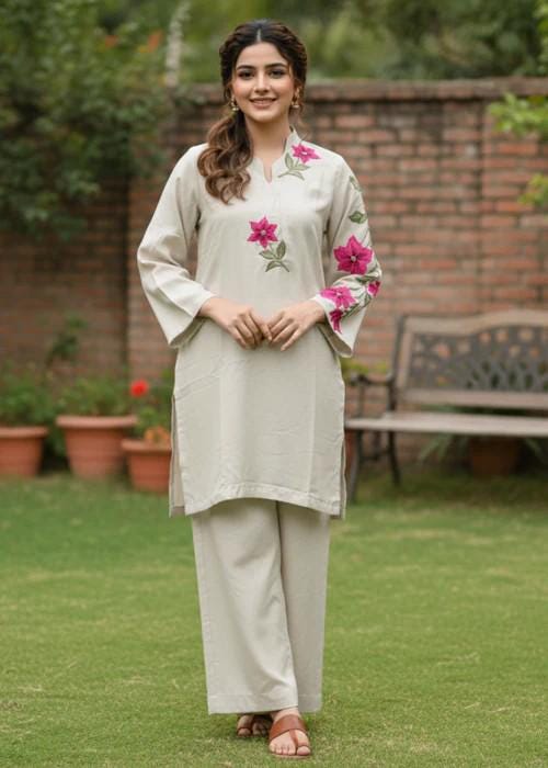 2 Piece Embroidered Linen Suit - Ivory