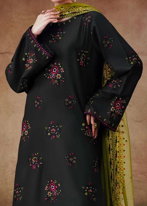 Embroidered Linen Suit - Black - Chiffon Dupatta