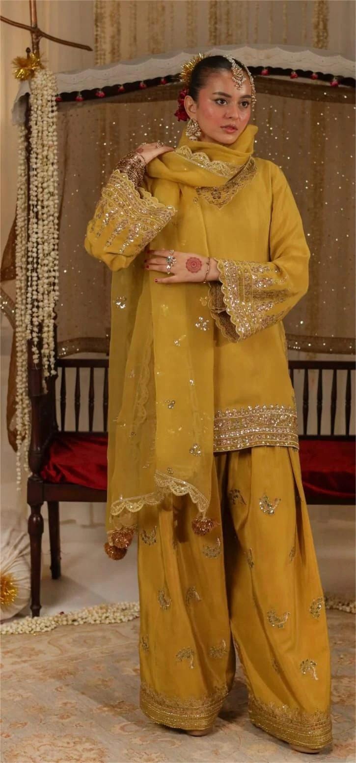 3 Piece Embroidered Raw Silk Farshi Shalwar Suit - Mustard & Gold