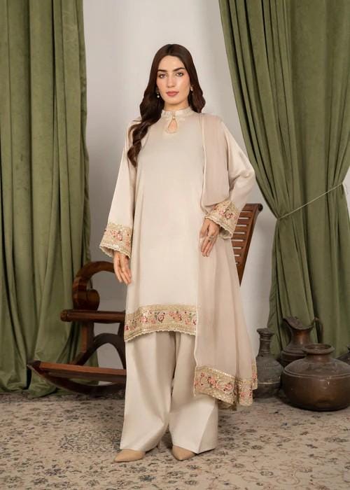 Raw Silk Farshi Shalwar Suit - Light Beige - 3 Piece - Organza Dupatta