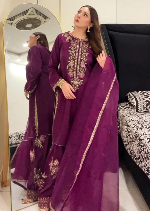 Embroidered Silk Farshi Shalwar Suit with Organza Dupatta - 3 Piece - Plum Purple