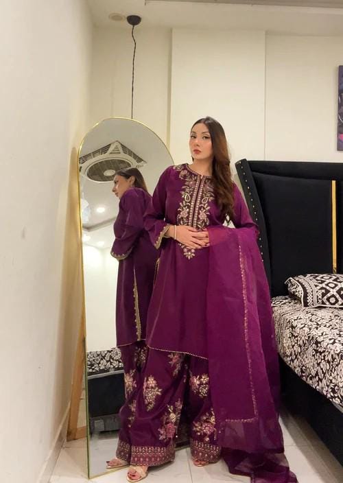 Embroidered Silk Farshi Shalwar Suit with Organza Dupatta - 3 Piece - Plum Purple