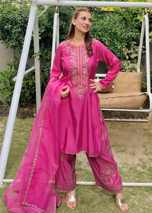 Embroidered Silk Farshi Shalwar Suit with Organza Dupatta - 3 Piece - Zinnia Pink