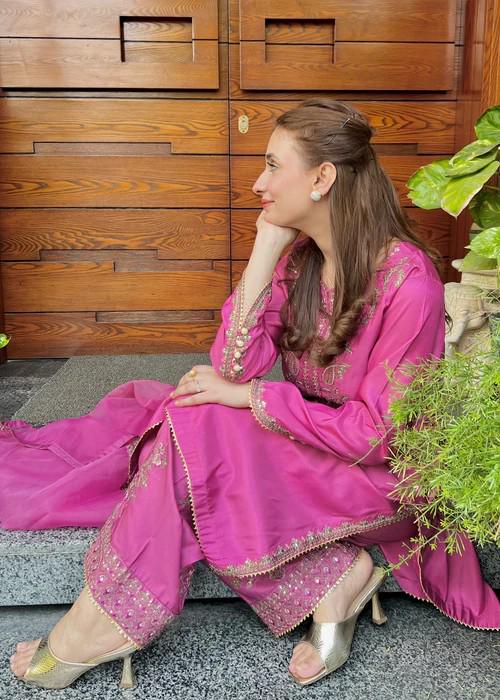 Embroidered Silk Farshi Shalwar Suit with Organza Dupatta - 3 Piece - Zinnia Pink