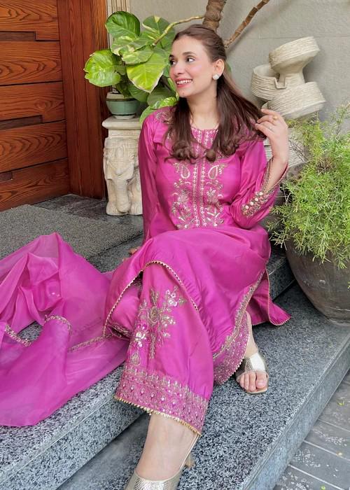 Embroidered Silk Farshi Shalwar Suit with Organza Dupatta - 3 Piece - Zinnia Pink