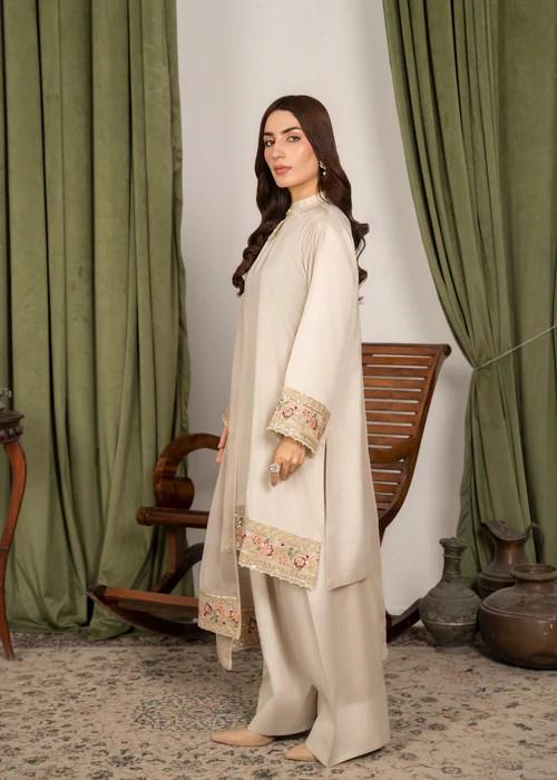 Raw Silk Farshi Shalwar Suit - Light Beige - 3 Piece - Organza Dupatta