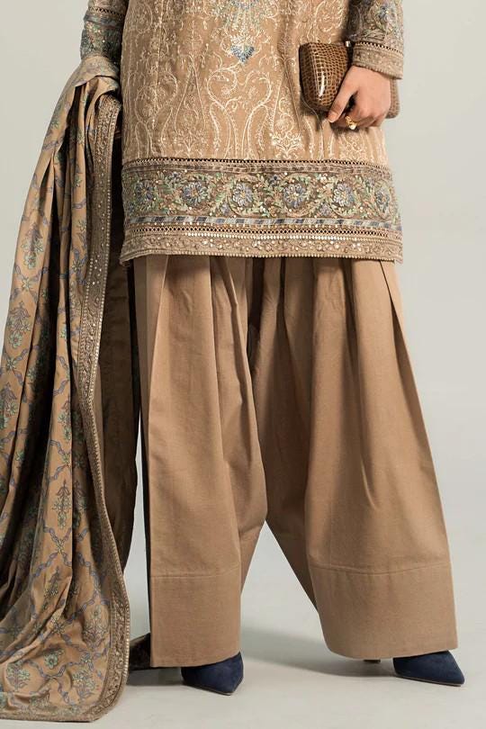 Maria.B - Farshi Shalwar Suit - 3 Piece Embroidered Khaddar  (Small, Medium) - Beige
