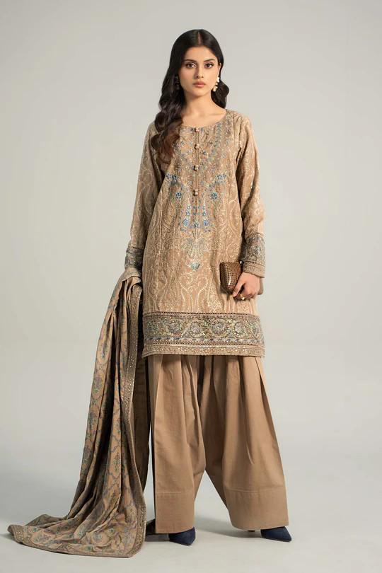 Maria.B - Farshi Shalwar Suit - 3 Piece Embroidered Khaddar  (Small, Medium) - Beige