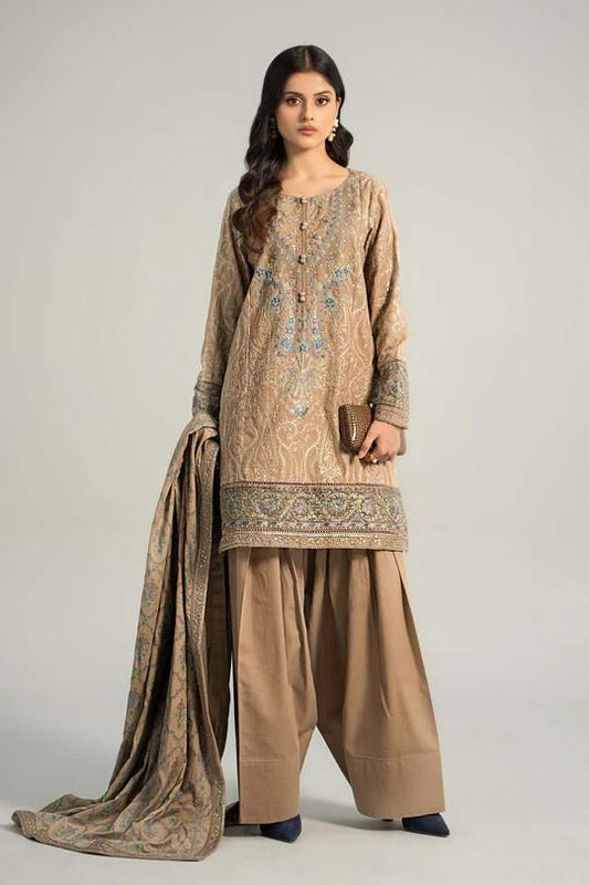 Maria.B - Farshi Shalwar Suit - 3 Piece Embroidered Khaddar  (Small, Medium) - Beige