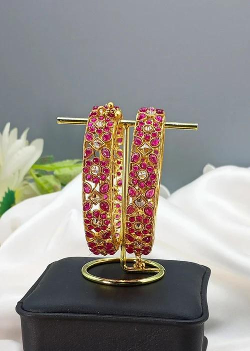 Ruby Red Gold Plated Bangles Pair (Kara) - 2.6 & 2.8