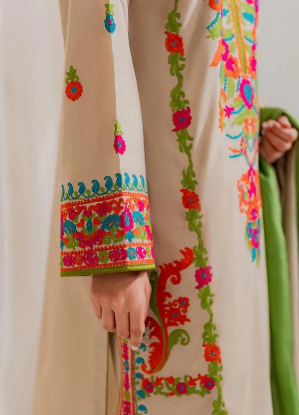 3 piece - Embroidered Linen Suit with Chiffon Dupatta