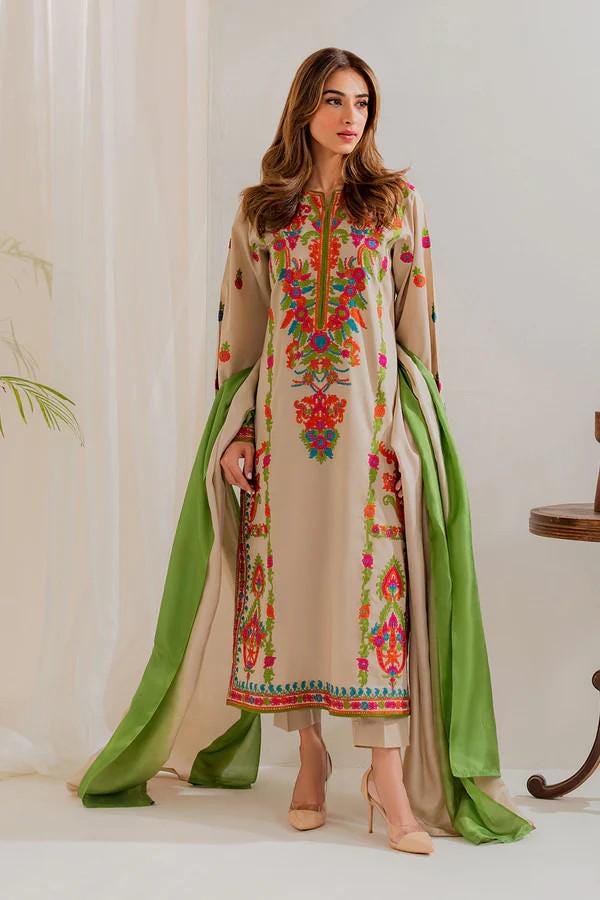 3 piece - Embroidered Linen Suit with Chiffon Dupatta
