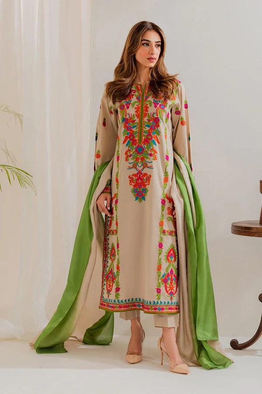 3 piece - Embroidered Linen Suit with Chiffon Dupatta